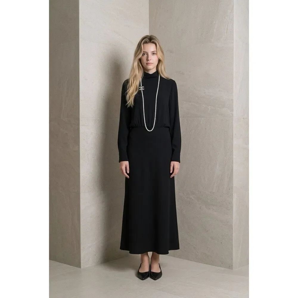 Zara Black High Collar Long Sleeve Midi Dress Minimalist Elegant Size M NWT (076